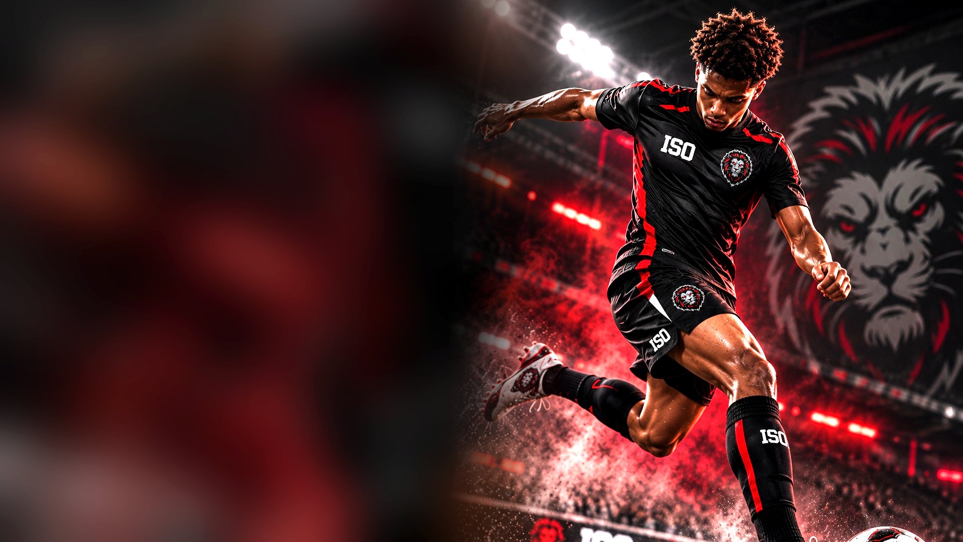 A soccer player in ISO kit striking the ball under floodlights.