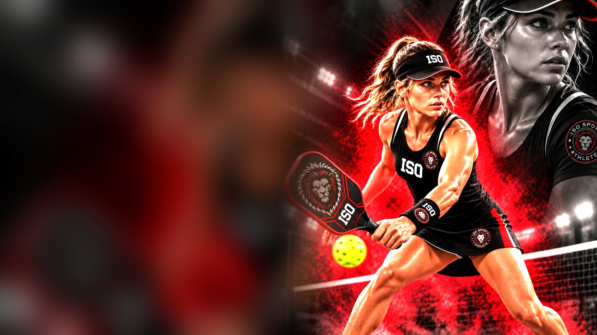 A pickleball player in ISO kit driving a backhand at the kitchen line.