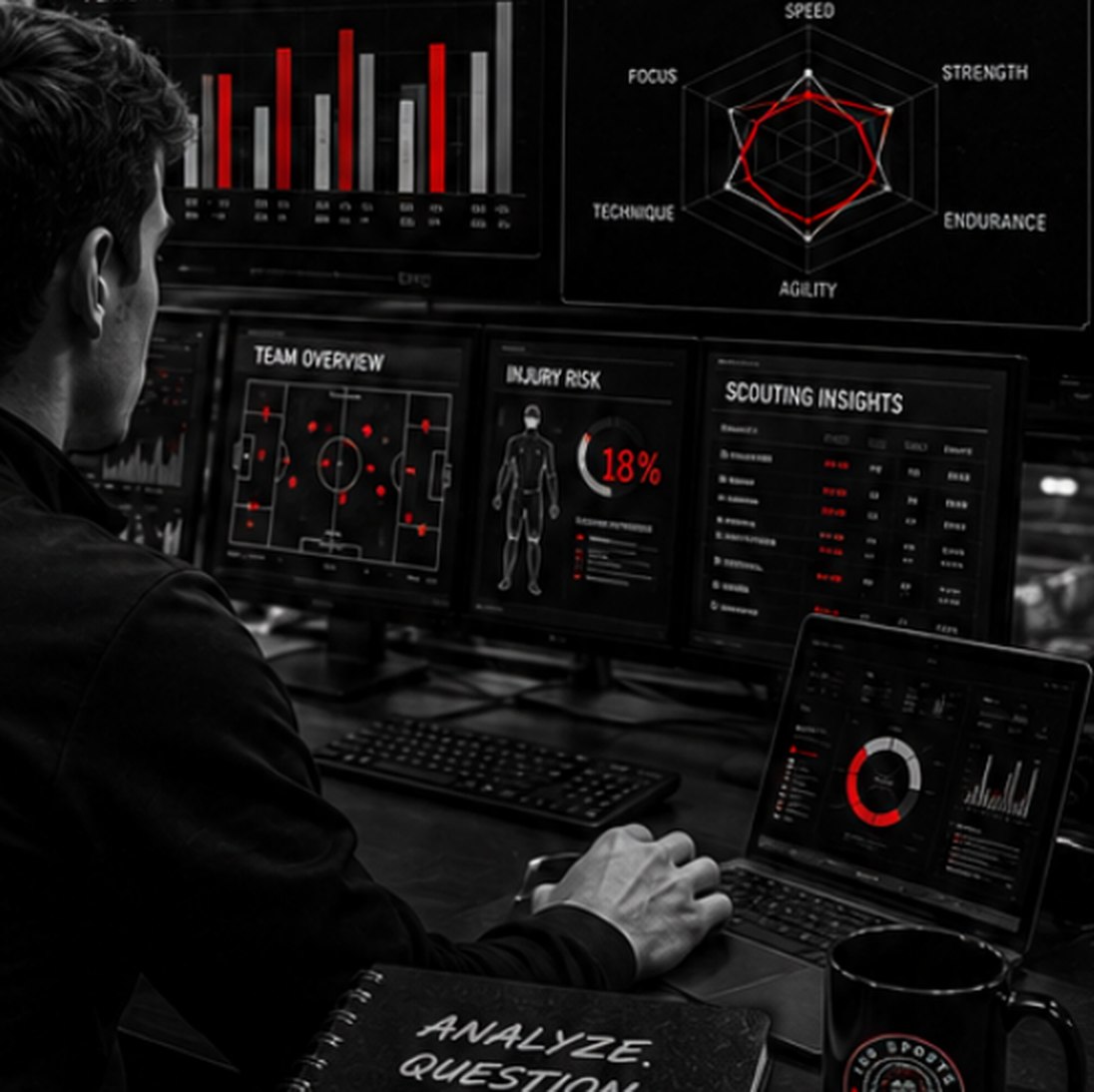 An analyst reviewing player comparison bars, an attribute summary and scouting insights across a wall of screens.