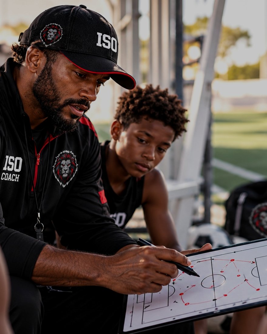 An ISO coach walking athletes through a play on a tactics board