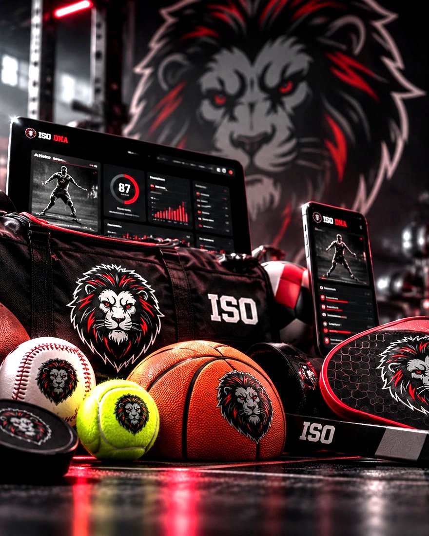 Balls from every ISO sport beside tablets showing athlete dashboards