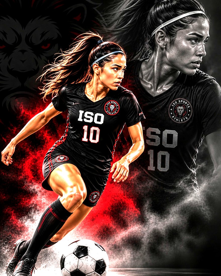 A soccer player in ISO kit striking the ball under floodlights.