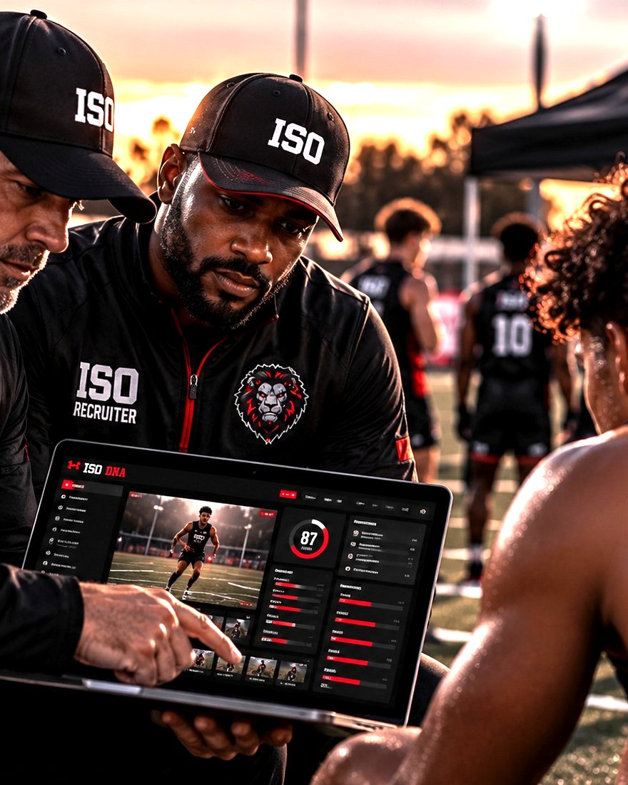 Two ISO recruiters reviewing an athlete&rsquo;s footage on a laptop.